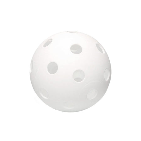 A white plastic ball with evenly spaced circular holes from the Eurohoc Floorball Mini Set by Eurohoc, commonly used to enhance hand-eye coordination, pictured against a plain white background.