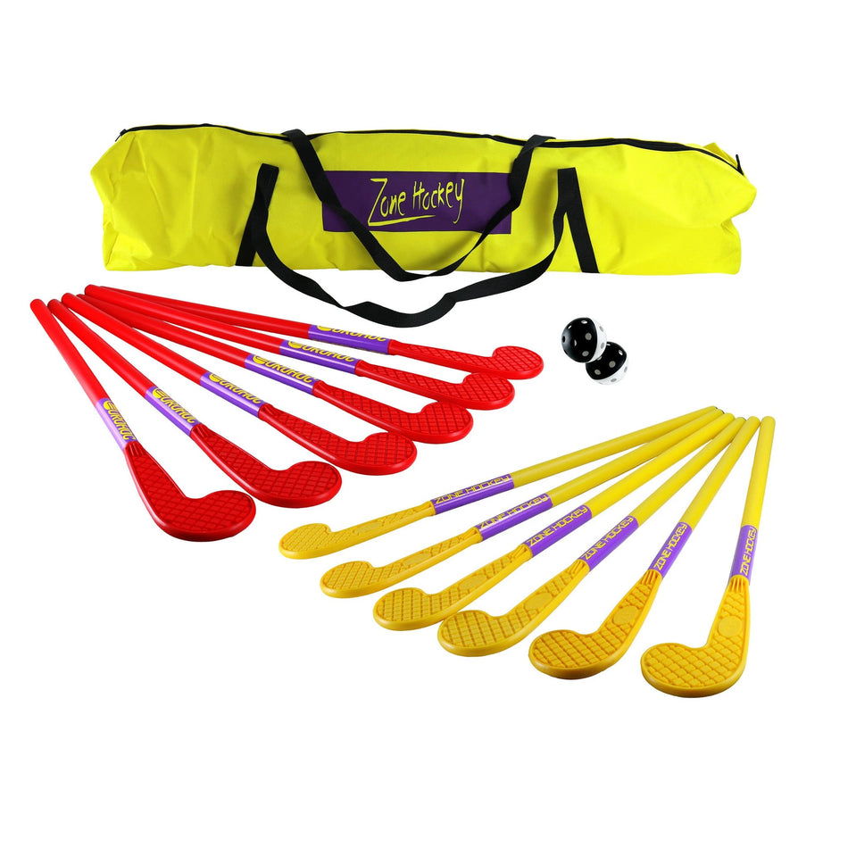 The Eurohoc Floorball Zone Hockey Set by Eurohoc includes twelve lightweight sticks (six red, six yellow), two black balls, and a bright yellow Zue Hockey carrying bag—ideal for artificial turf or Zone Hockey games.