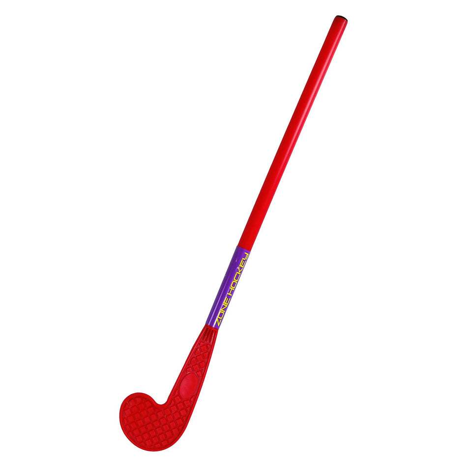 A red plastic Eurohoc stick from the Eurohoc Floorball Zone Hockey Set features a textured blade, purple and yellow Zone Hockey branding on the handle, all shown against a white background.
