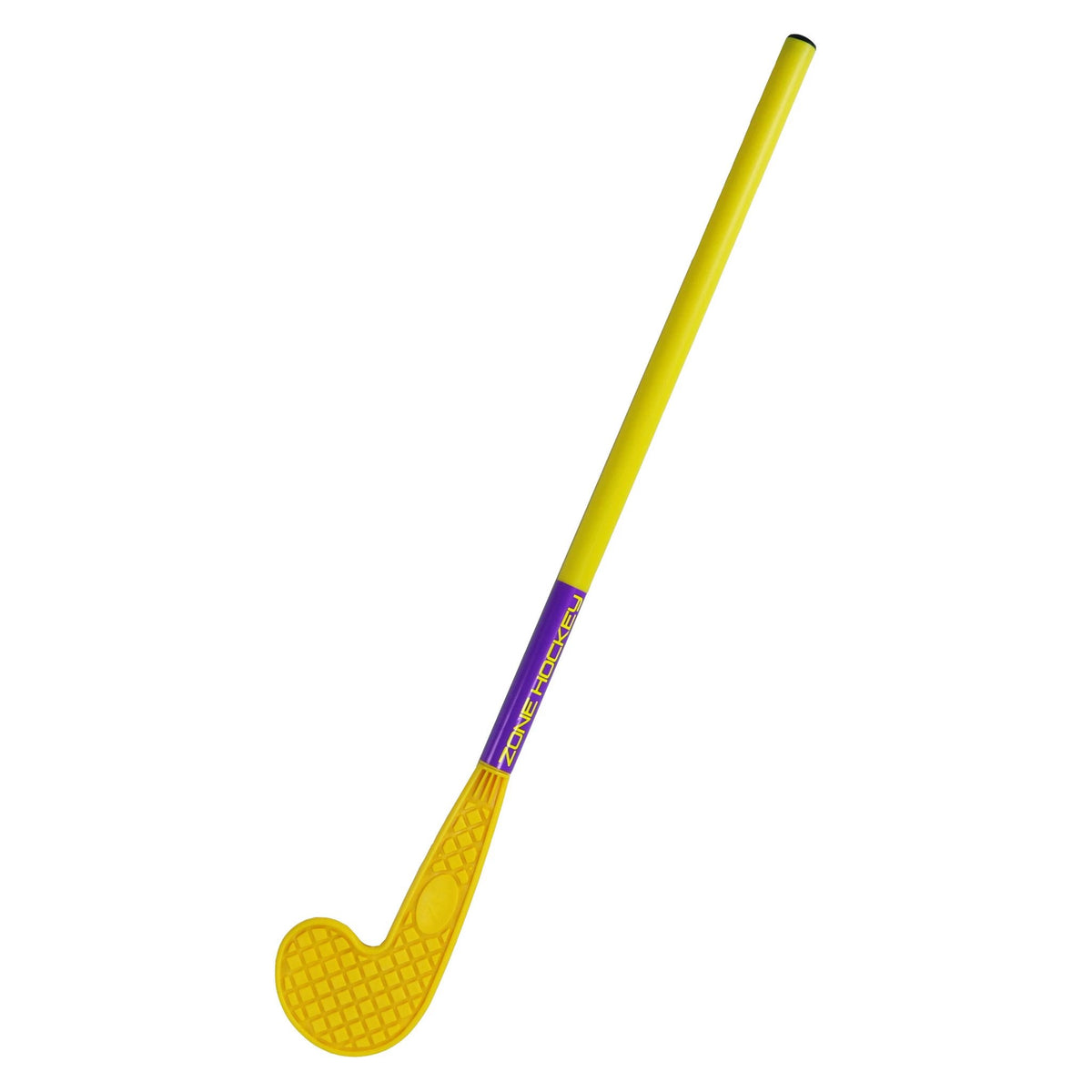 A yellow plastic Eurohoc hockey stick from the Eurohoc Floorball Zone Hockey Set, designed for artificial turf, with a textured blade and a purple Zone Hockey label near the base of the shaft, shown on a white background.