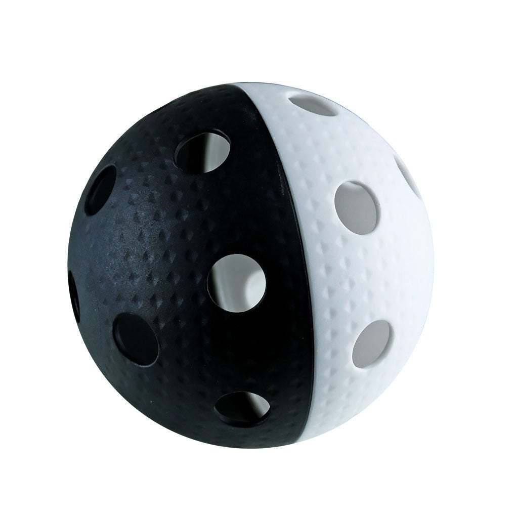The Eurohoc Floorball Zone Hockey Set by Eurohoc features a spherical ball split into black and white halves with circular holes and a textured surface, perfect for Zone Hockey or use with lightweight sticks, shown on a plain white background.