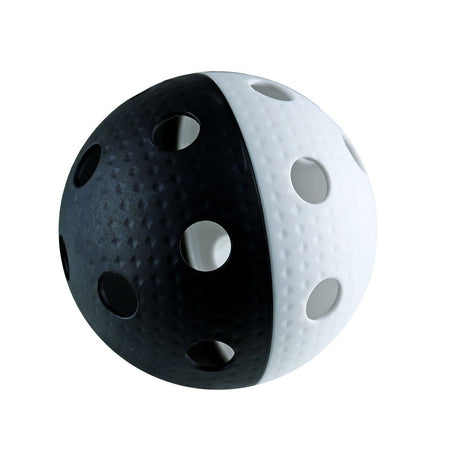 The Eurohoc Floorball Zone Hockey Set by Eurohoc features a spherical ball split into black and white halves with circular holes and a textured surface, perfect for Zone Hockey or use with lightweight sticks, shown on a plain white background.
