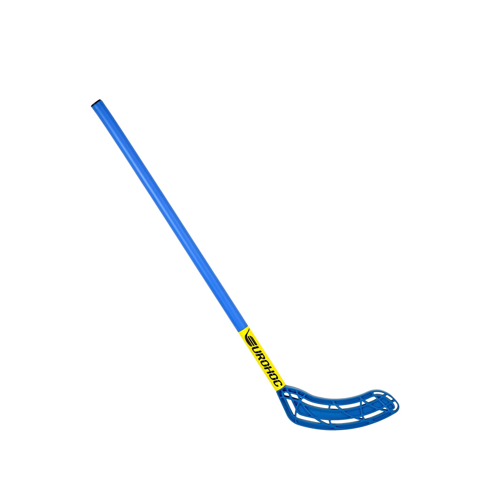 The Eurohoc Floorball Junior Hockey Stick by Eurohoc features a blue shaft, yellow grip marked EUROHOCKEY, and a curved perforated blade—perfect for junior players or as a replacement stick, shown against a white background.
