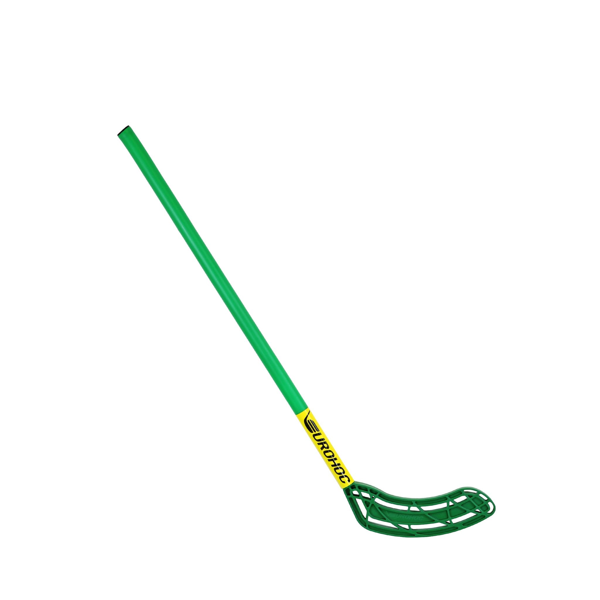 The Eurohoc Floorball Junior Hockey Stick by Eurohoc is green with a yellow label near the blade, shown on a white background. It has a plastic, open-grid blade, making it ideal for young players or as a replacement stick.
