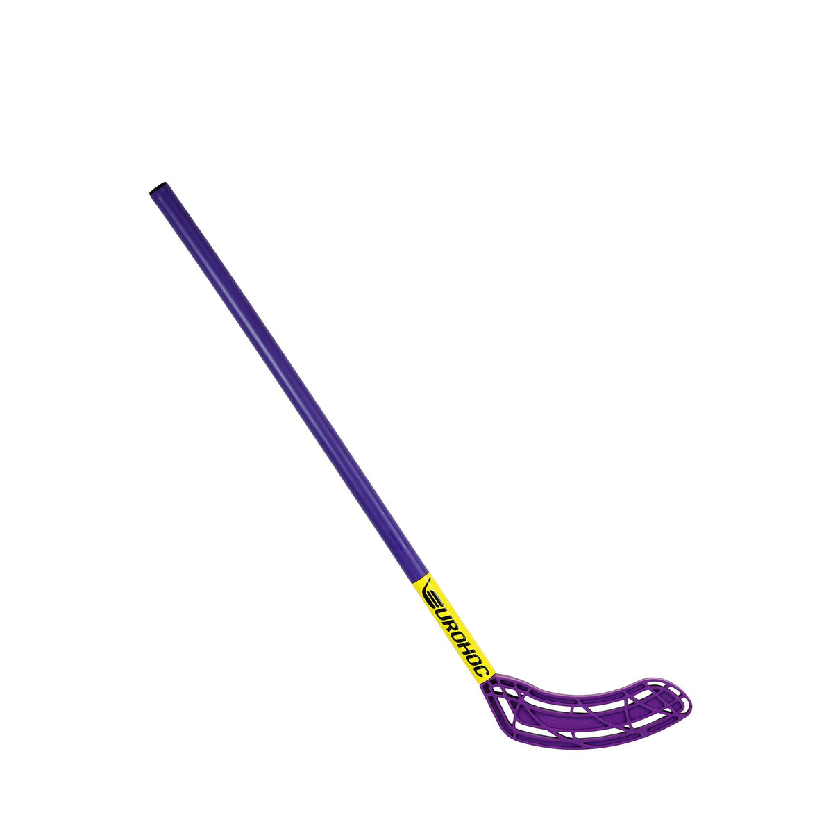 The Eurohoc Floorball Junior Hockey Stick by Eurohoc features a purple shaft, yellow label, and curved openwork blade, shown diagonally on a white background—ideal for juniors or as a replacement stick.
