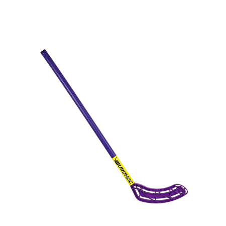 The Eurohoc Floorball Junior Hockey Stick by Eurohoc features a purple shaft, yellow label, and curved openwork blade, shown diagonally on a white background—ideal for juniors or as a replacement stick.