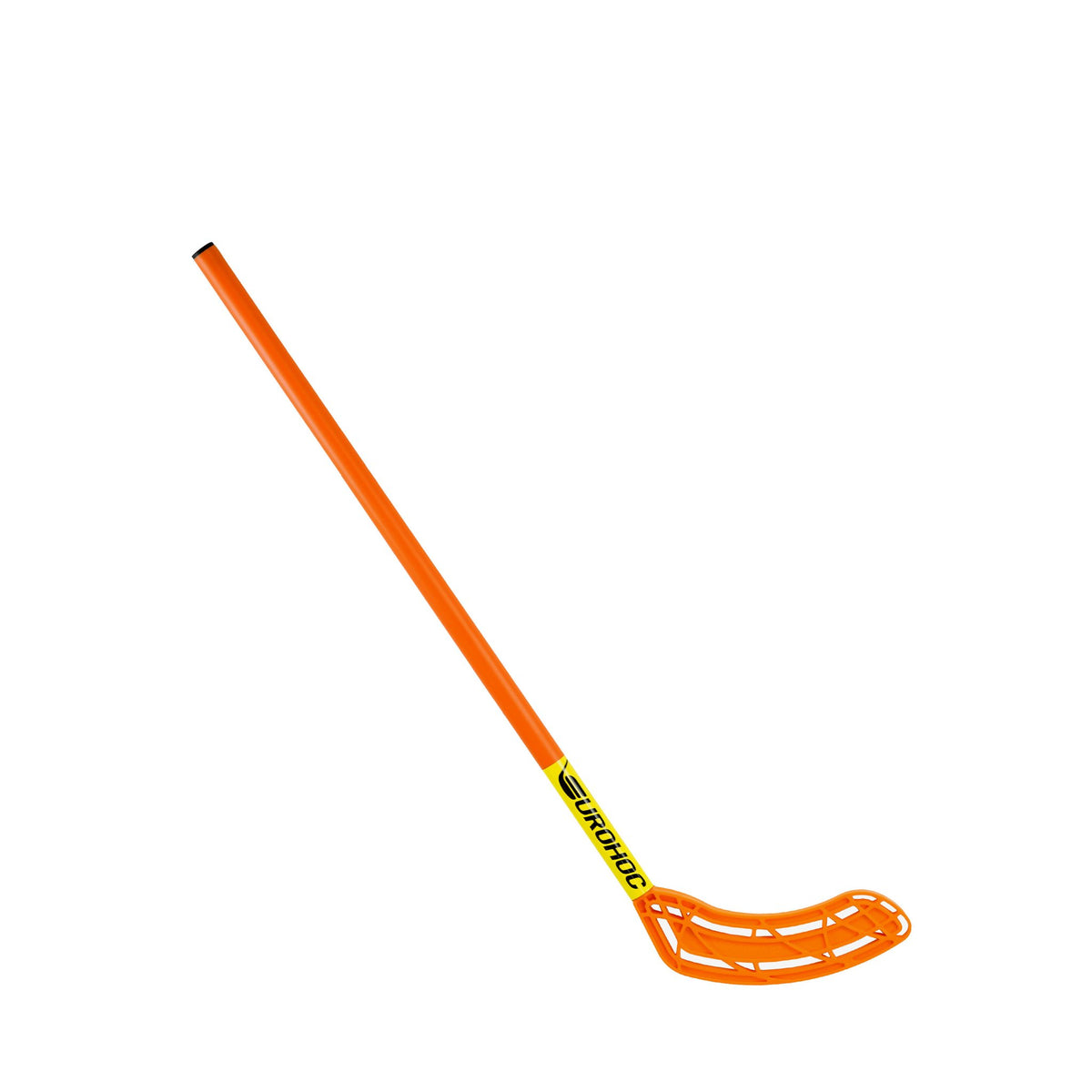 The Eurohoc Floorball Junior Hockey Stick is a bright orange stick with a lightweight, perforated blade and a yellow logo on the shaft, perfect for juniors seeking quality equipment from Eurohoc.