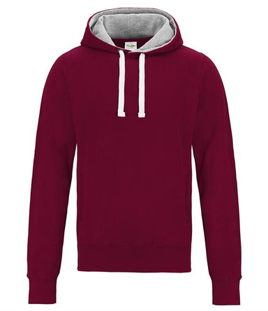 The Huntley CC Adult Hoody by Martin Berrill Sports is a maroon hooded sweatshirt with a grey-lined hood and white drawstrings, displayed on a white background.