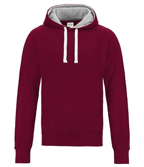 The Huntley CC Adult Hoody by Martin Berrill Sports is a maroon hooded sweatshirt with a grey-lined hood and white drawstrings, displayed on a white background.