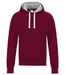 The Huntley CC Adult Hoody by Martin Berrill Sports is a maroon hooded sweatshirt with a grey-lined hood and white drawstrings, displayed on a white background.