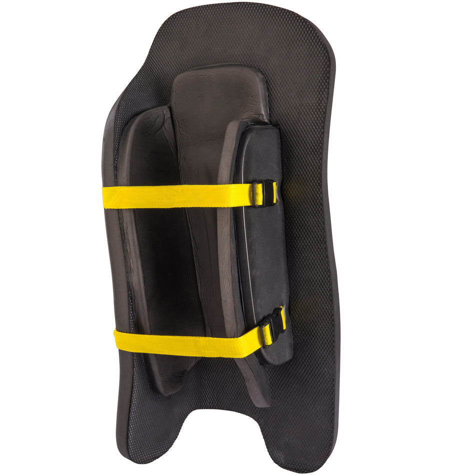 The Grays Nitro Legguards by Grays feature lightweight, triple density foam padding, two yellow straps, and black handles for secure grip—designed for training and superior impact absorption.