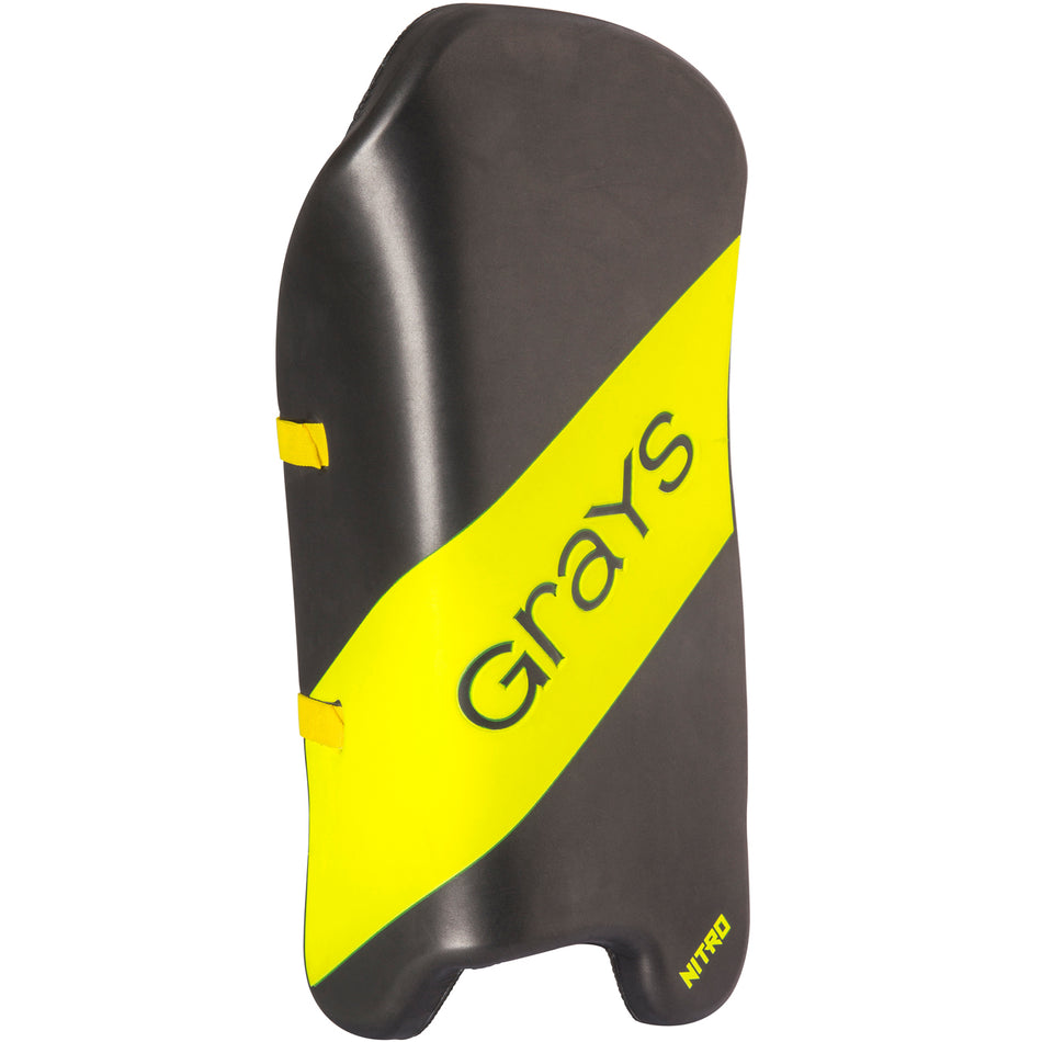 The Grays Nitro Legguards are black and yellow field hockey goalie pads with lightweight triple-density foam, two yellow straps, and a bold diagonal stripe showing the Grays brand name.