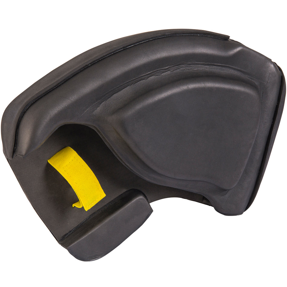 The Grays Nitro GK Hand Protector (Pair) by Grays features a black ergonomic design, contoured edges, foam padding, and a yellow strap—crafted to fit over curved surfaces for sports or safety protection.