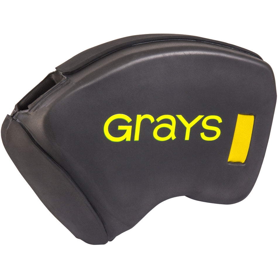 The Grays Nitro GK Hand Protector - Pair is a black field hockey goalie hand protector with "Grays" in yellow, a yellow rectangular side patch, and an ergonomic design for comfort.