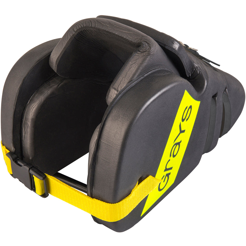 Grays Nitro Kickers are black and yellow protective sports helmets with a chin guard, triple density foam padding, adjustable strap, durable polymer strapping, and the Grays logo in bold yellow on the side.