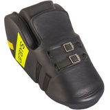 The Grays Nitro Kickers are black field hockey goalie pads with ankle padding, two adjustable polymer straps, and a yellow Grays logo on the side.