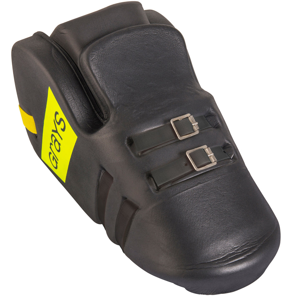 The Grays Nitro Kickers are black field hockey goalie pads with ankle padding, two adjustable polymer straps, and a yellow Grays logo on the side.