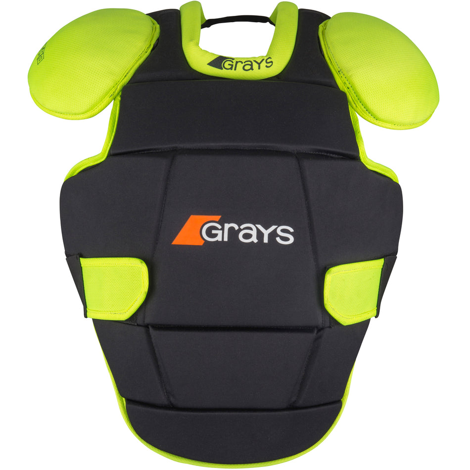 The Grays Nitro Body Armour is a black and neon yellow padded chest protector with the Grays logo, offering sports safety with fully armoured shoulders, side padding, and high-density foam for enhanced protection.