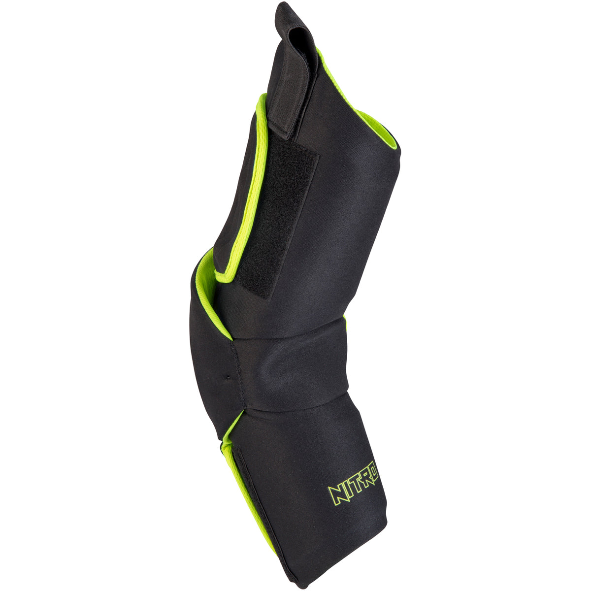 The Grays Nitro Arm Guards by Grays are black and neon green protective horse boots with Velcro straps, padded arms for comfort and support, and "NITREX" embroidered near the bottom.