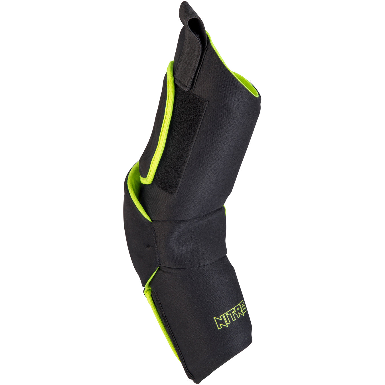 The Grays Nitro Arm Guards by Grays are black and neon green protective horse boots with Velcro straps, padded arms for comfort and support, and "NITREX" embroidered near the bottom.