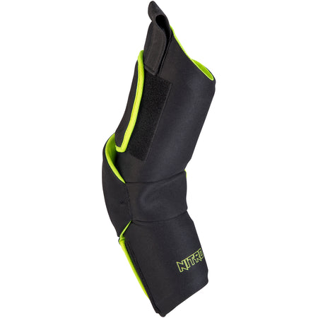 The Grays Nitro Arm Guards by Grays are black and neon green protective horse boots with Velcro straps, padded arms for comfort and support, and "NITREX" embroidered near the bottom.
