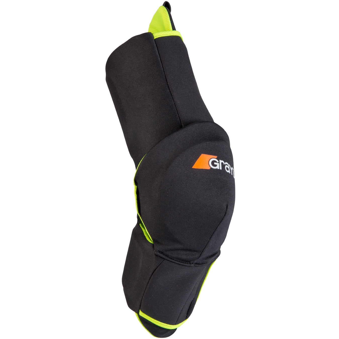 A black and neon yellow Grays Nitro Arm Guard with robust elbow padding for sports protection, featuring Grays branding, shown on a white background.
