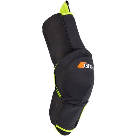 A black and neon yellow Grays Nitro Arm Guard with robust elbow padding for sports protection, featuring Grays branding, shown on a white background.