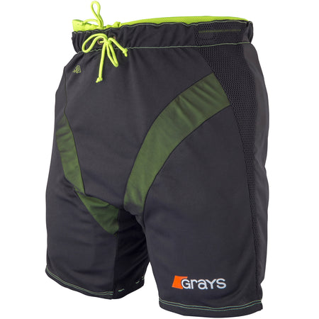 Grays Nitro Overshorts by Grays feature black fabric with green accents, a drawstring waist, vented mesh side panels, and a white and orange Grays logo on the lower left leg.