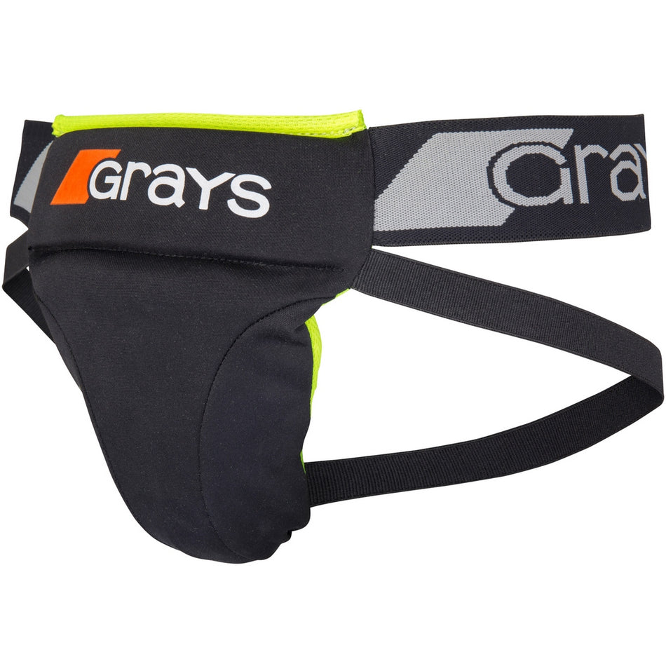 The Grays Nitro Abdo Guard Mens is a black and neon yellow ergonomic athletic cup for men, featuring a wide waist strap and high-density foam armor for superior sports protection.