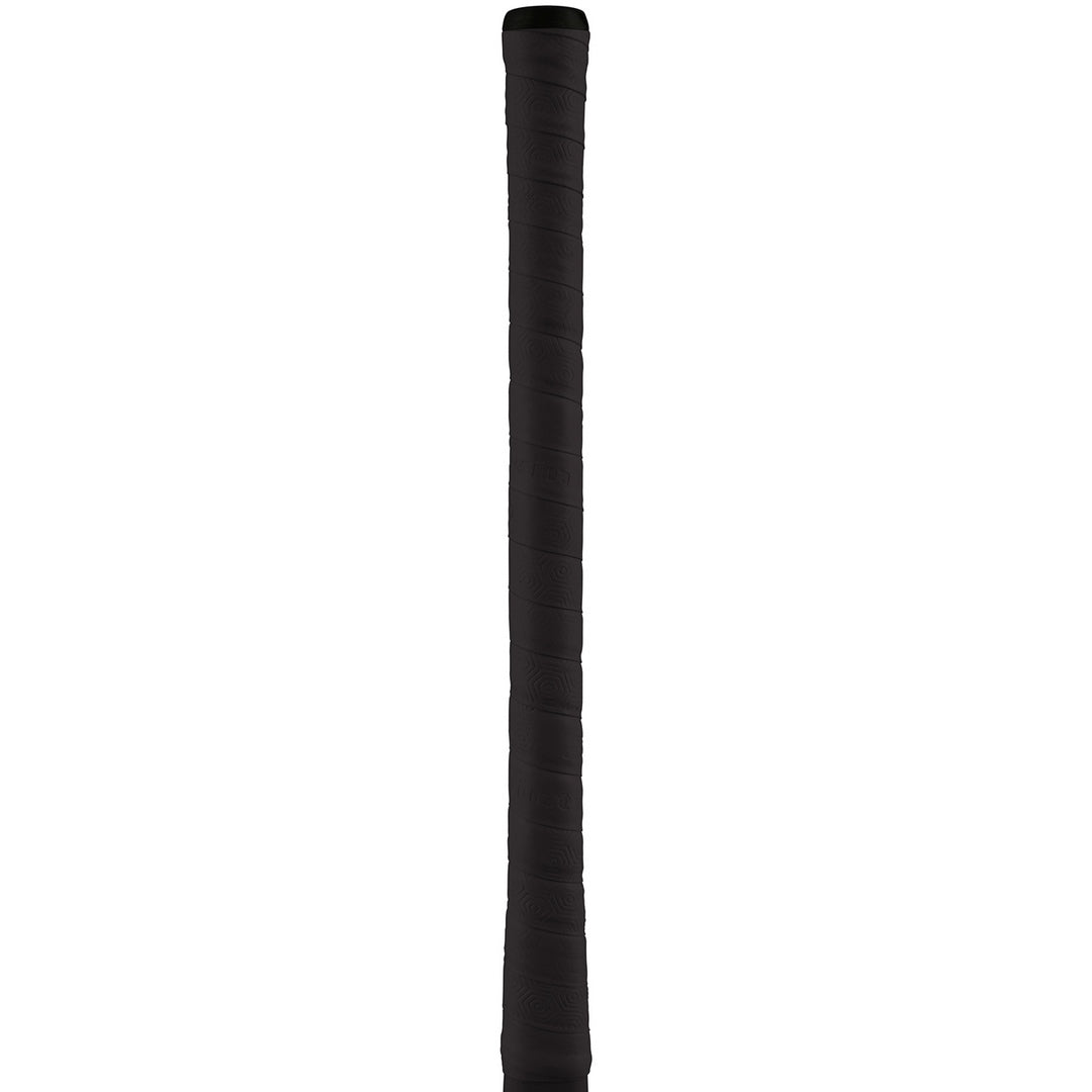 A close-up of the Grays Twintex Grip by Grays, featuring a black, textured hexagonal design for top hand control, shown vertically against a white background. Ideal for enhancing grip on hockey sticks and other sports equipment.