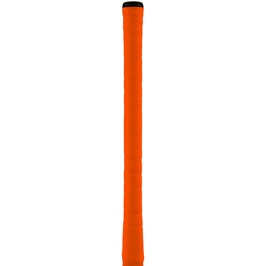 The Grays Twintex Grip wrap in orange, with a hexagonal pattern for top hand control and a black top band, is shown against a white background.