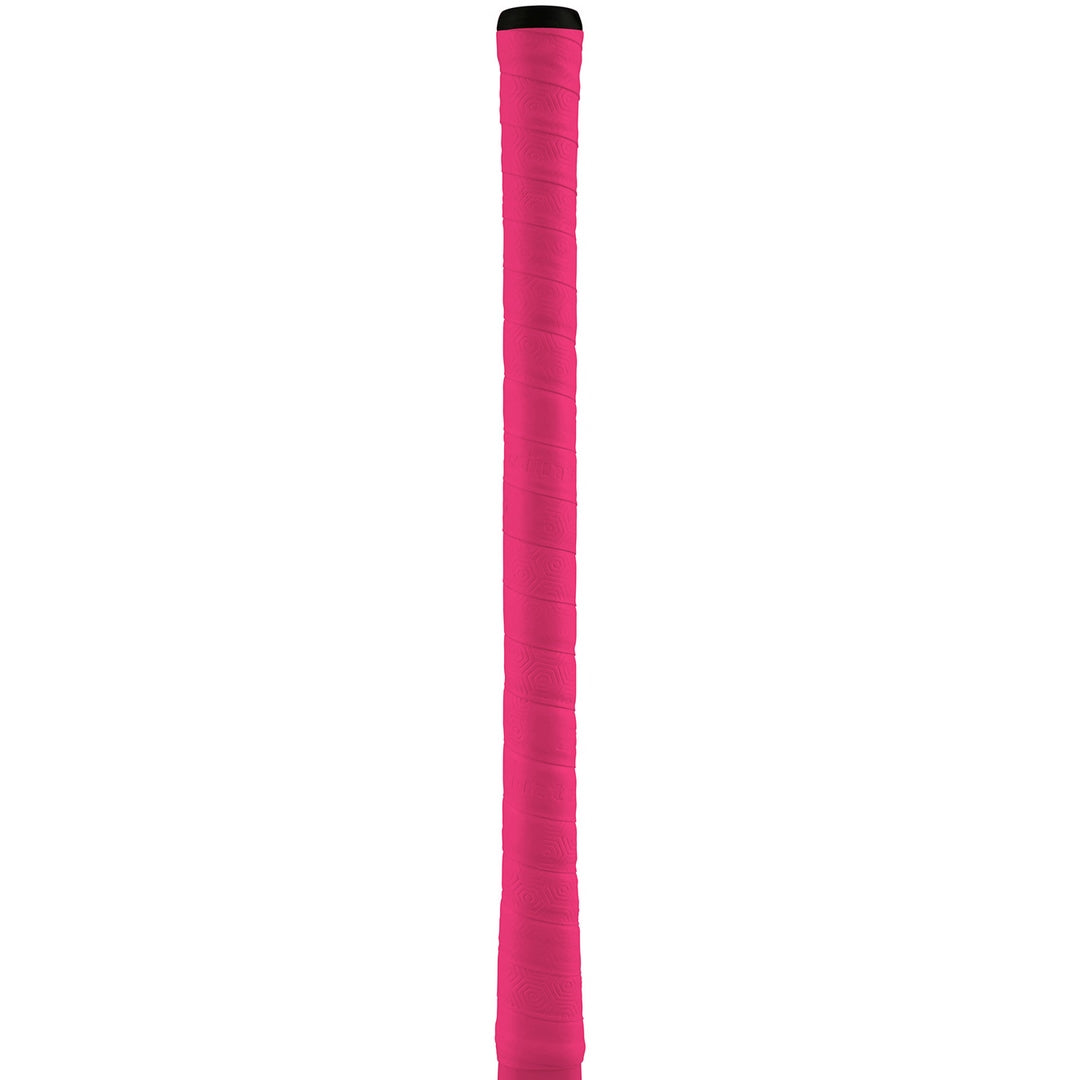 The Grays Twintex Grip, a bright pink tennis racket by Grays featuring a spiral textured grip for optimal top hand control, is shown vertically against a white background.