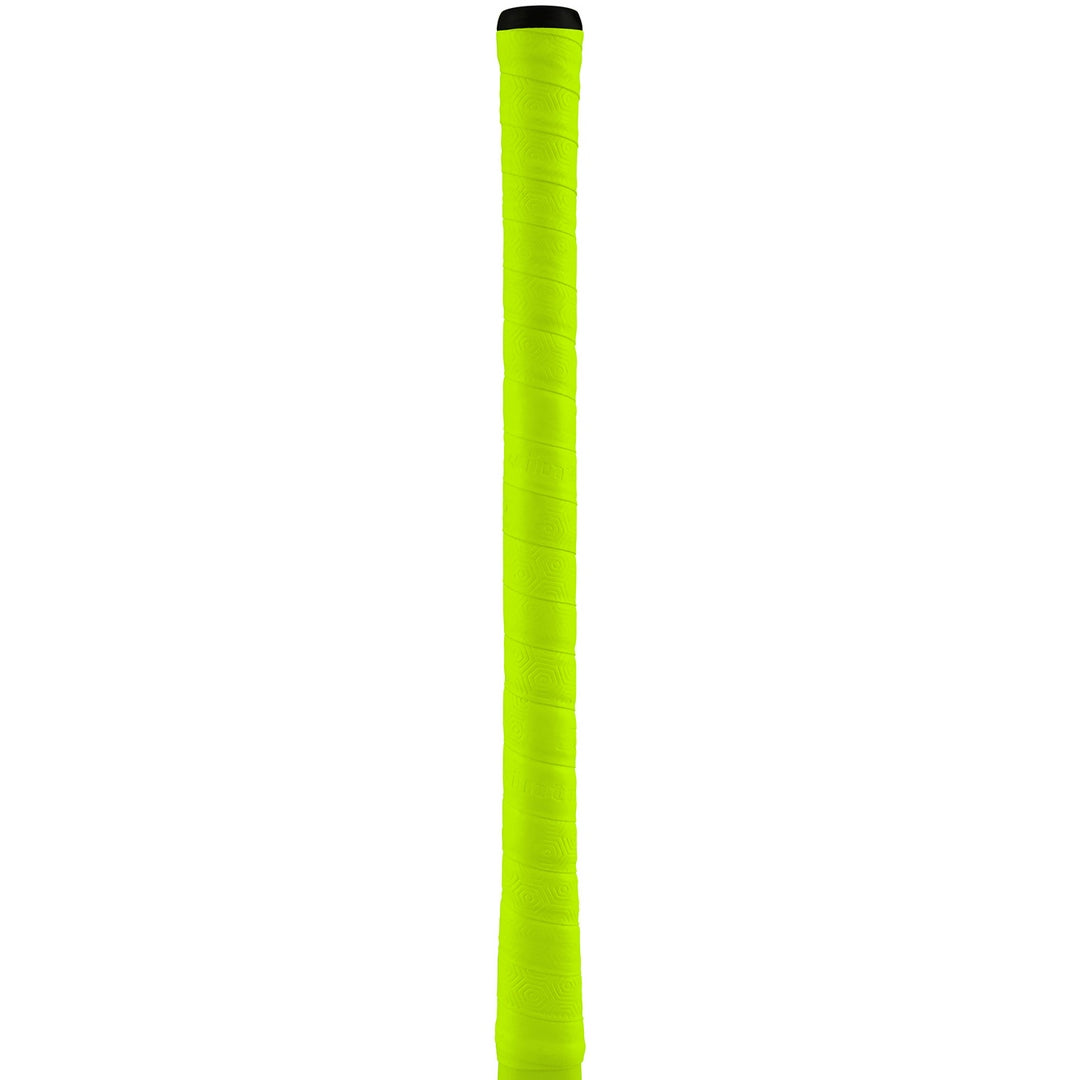 The Grays Twintex Grip by Grays is a neon yellow tennis racket grip with a textured, spiral-wrapped design and black top band, shown on a white background for improved top hand control.