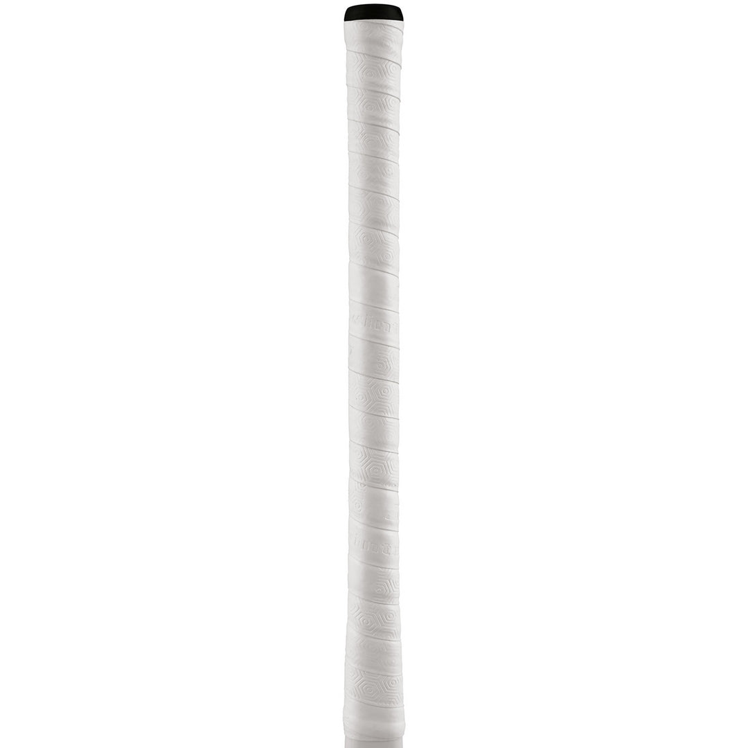 The Grays Twintex Grip by Grays is a white, textured tennis racquet grip featuring a spiral wrap design for improved top hand control, displayed vertically against a plain white background.