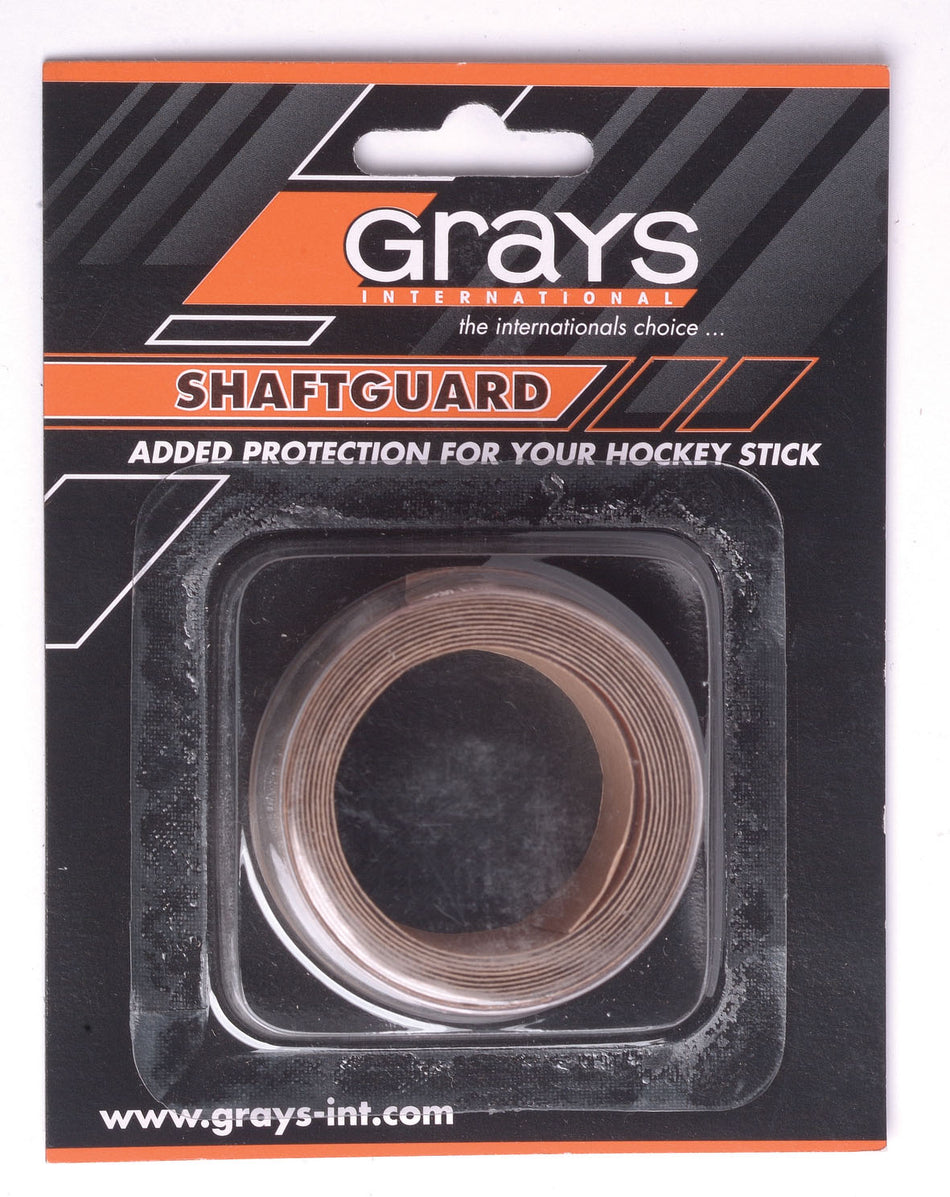 The Grays Shaftguard is shown in black and orange packaging, with the clear PVC stick protector visible through a window. This Grays product comes in one size, making it suitable for everyone.