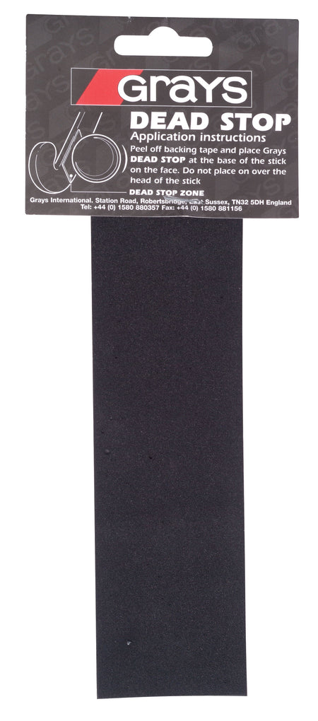 The Grays Deadstop grip pad by Grays is a rectangular black hockey stick accessory with self-adhesive foam and included application instructions—perfect for secure corner stops and first touch control.