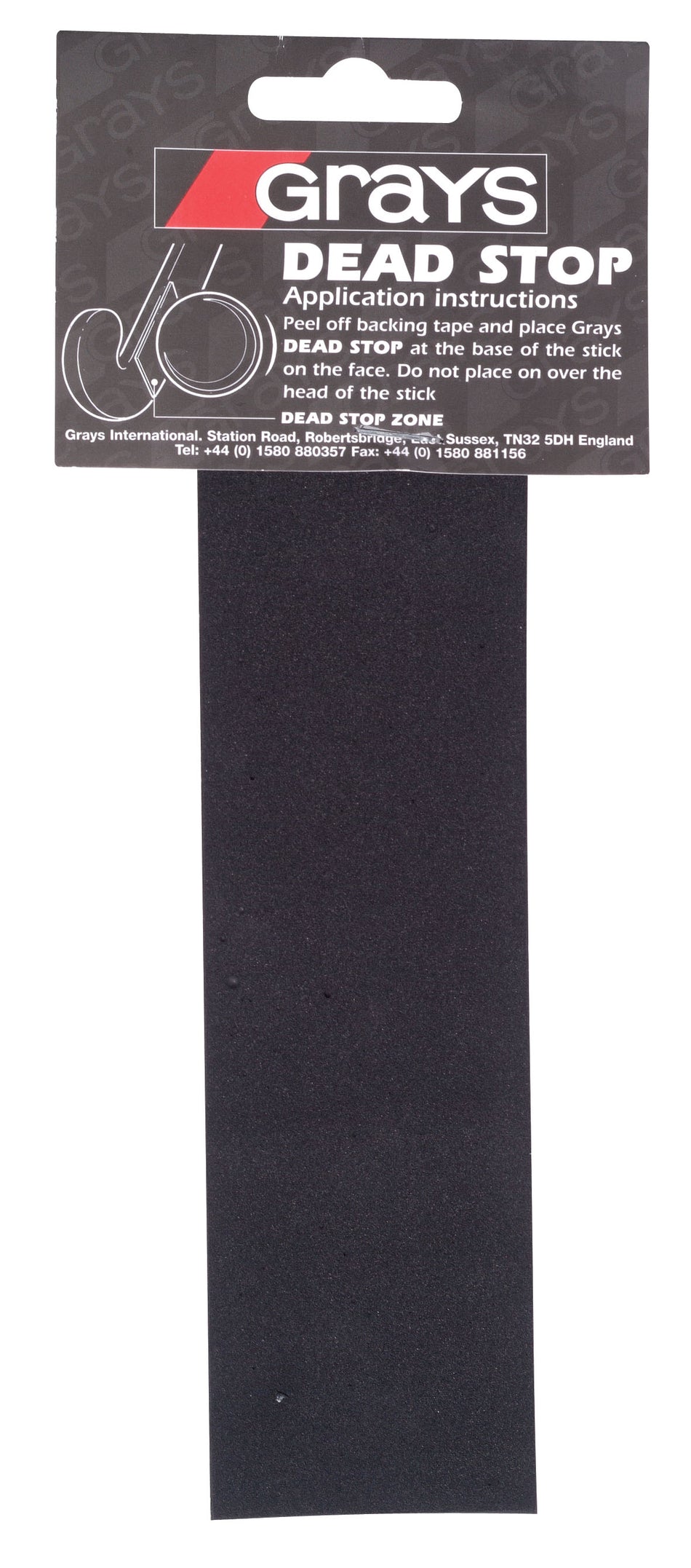 The Grays Deadstop grip pad by Grays is a rectangular black hockey stick accessory with self-adhesive foam and included application instructions—perfect for secure corner stops and first touch control.