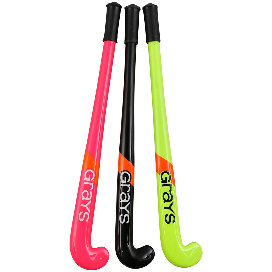 Three Grays Pen Sticks in bright pink, black, and neon yellow stand upright side by side, each displaying the Grays brand—making this pack of 12 perfect for giveaways or souvenirs.