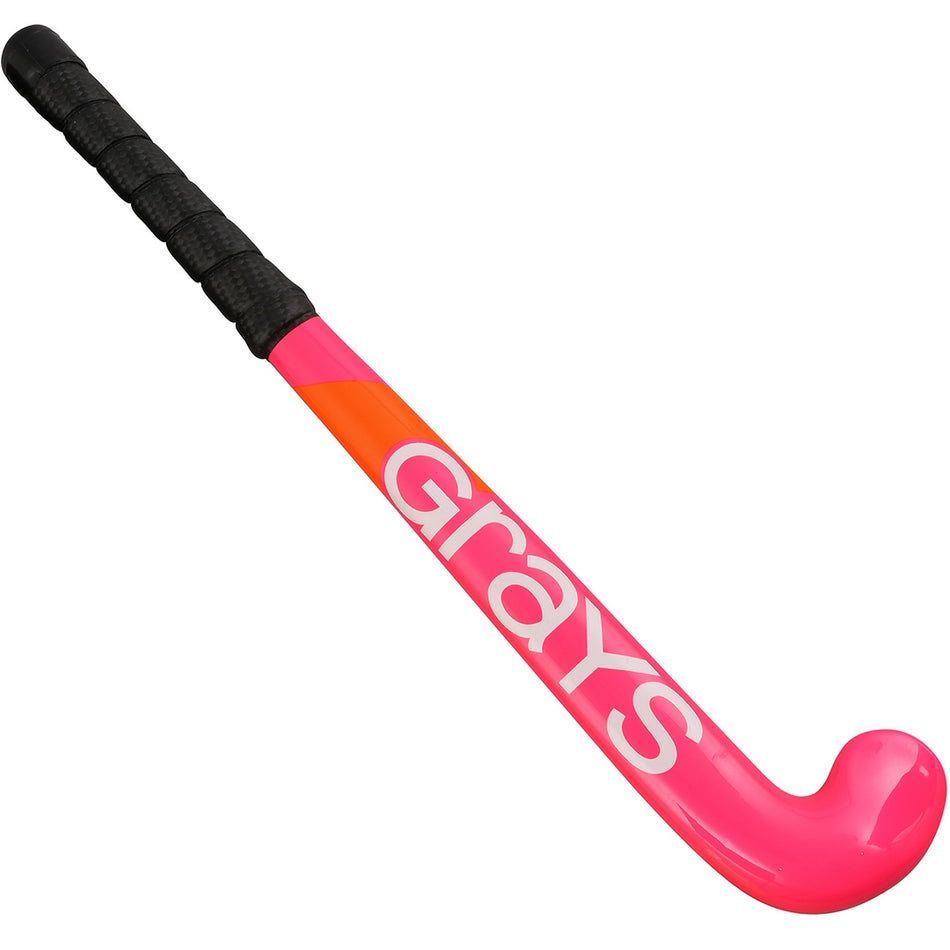 The Grays Replica 18 inch Hockey Stick features a neon pink design, a black grip, and bold white Grays branding, making it both stylish and practical for play.