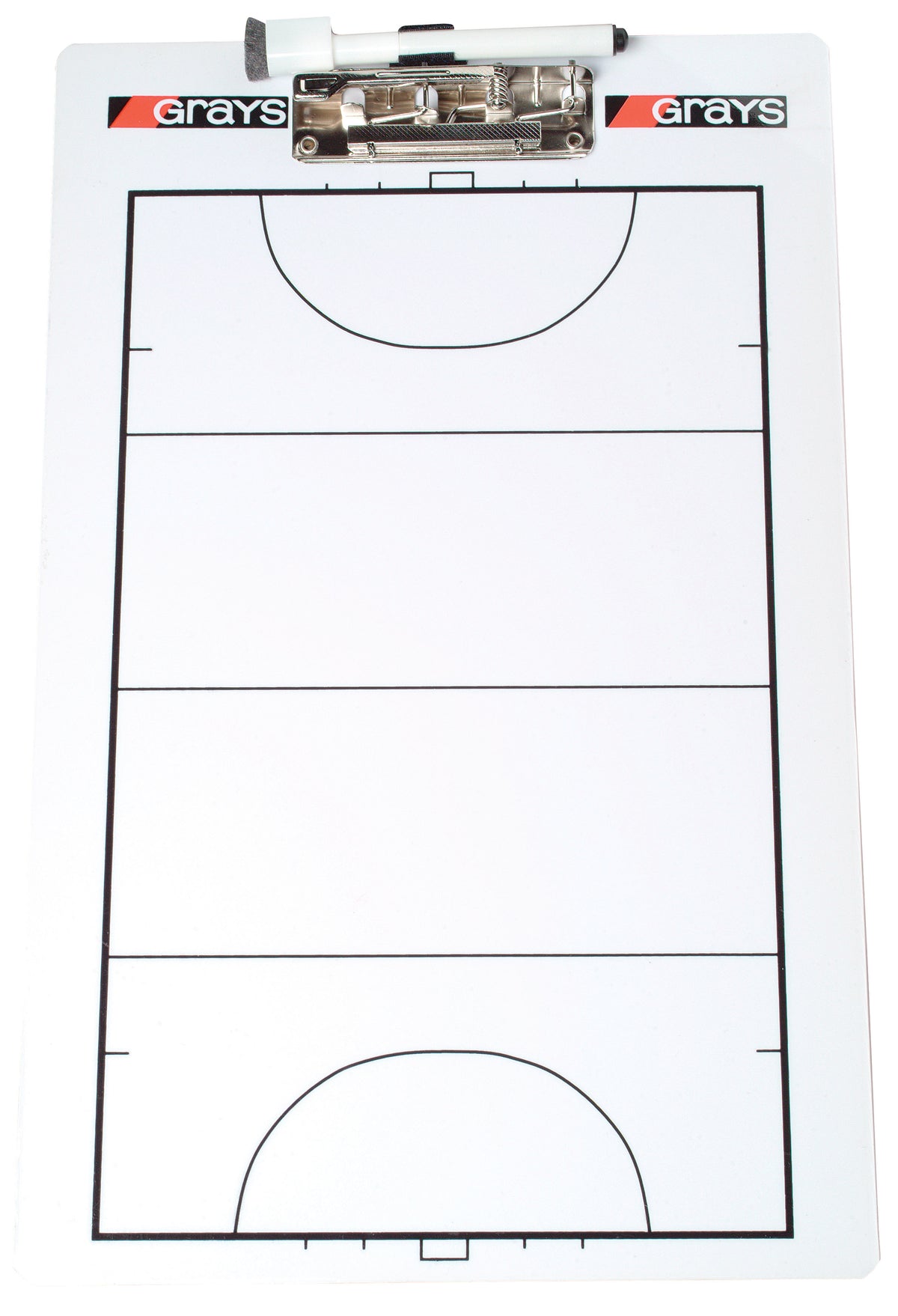 The Grays Coaches Clipboard is a white plastic field hockey clipboard with pitch markings, a spring-release clip securing a black and white marker, and "Grays" printed at the top corners.