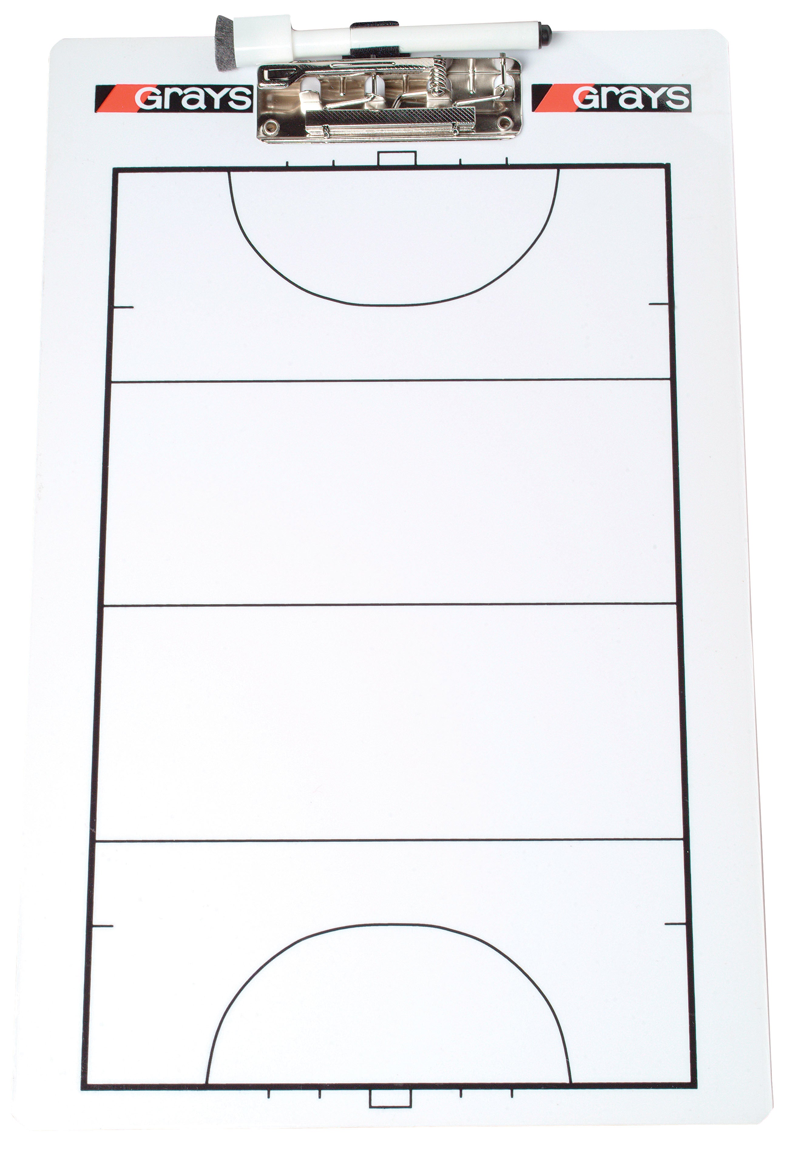 The Grays Coaches Clipboard is a white plastic field hockey clipboard with pitch markings, a spring-release clip securing a black and white marker, and "Grays" printed at the top corners.