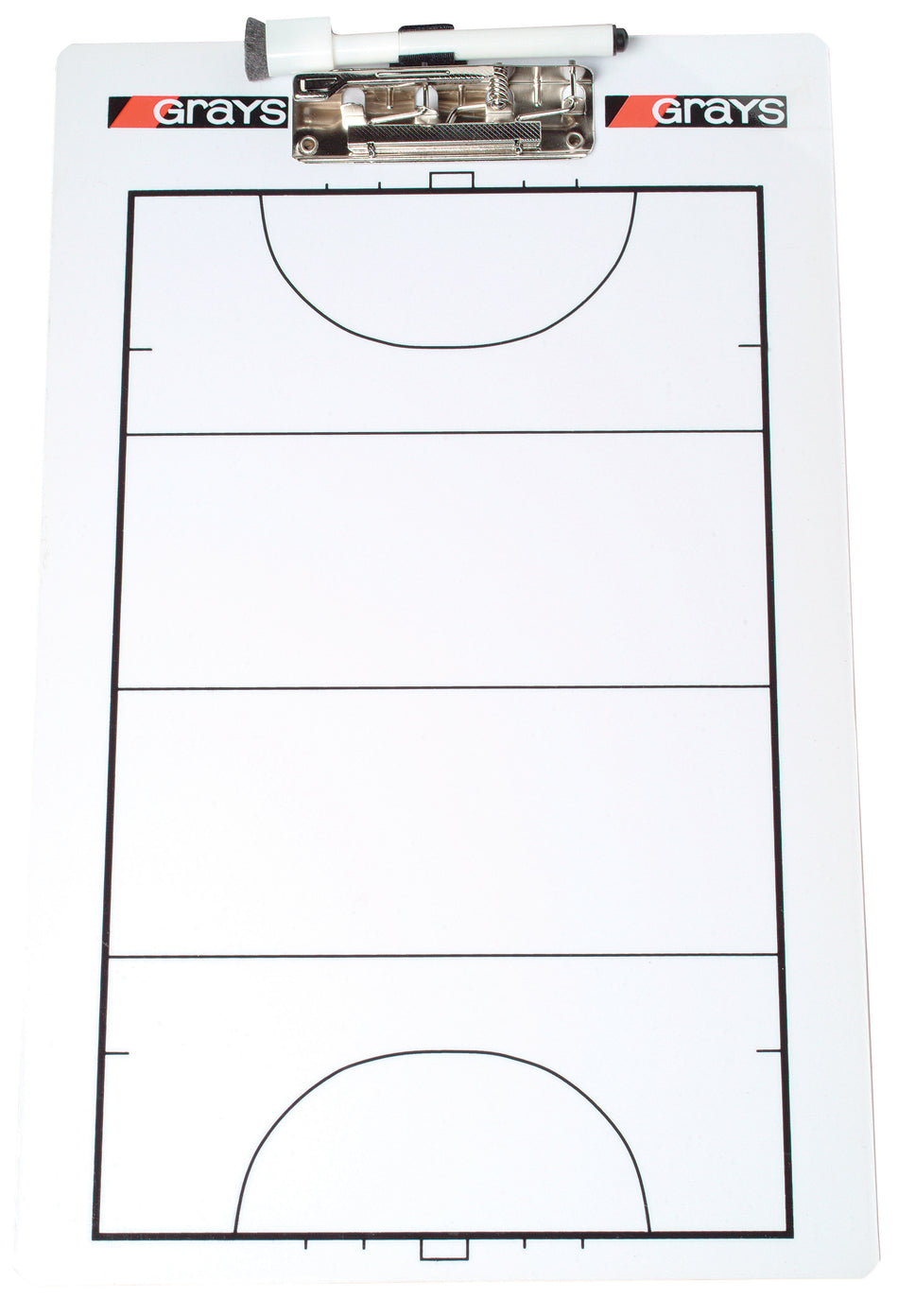 The Grays Coaches Clipboard is a white plastic field hockey clipboard with pitch markings, a spring-release clip securing a black and white marker, and "Grays" printed at the top corners.