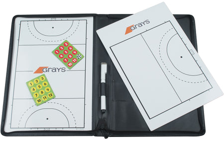 The Grays Coaching Folder by Grays features a tactical board with pitch markings, a marker, and numbered magnetic counters—perfect for strategy planning. This black folder keeps all your field hockey essentials organized and accessible.