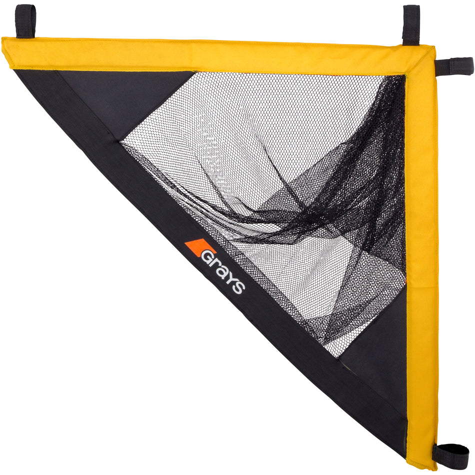The Grays Goal Shooter Coaching Aid is a triangular yellow and black mesh goal target with white and orange Grays branding, ideal for field hockey training drills.