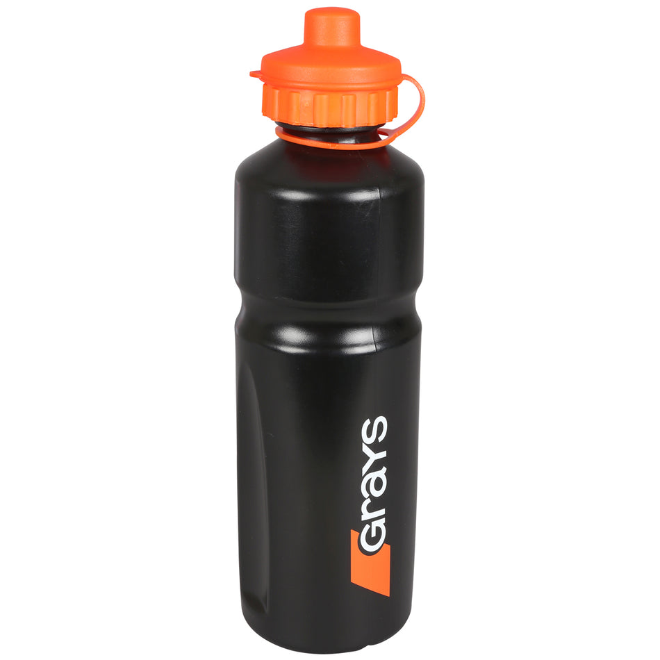 The Grays Water Bottle is a black and orange one-litre sports bottle with an orange cap and the white Grays logo printed vertically, perfect for staying hydrated during intense workouts or games.