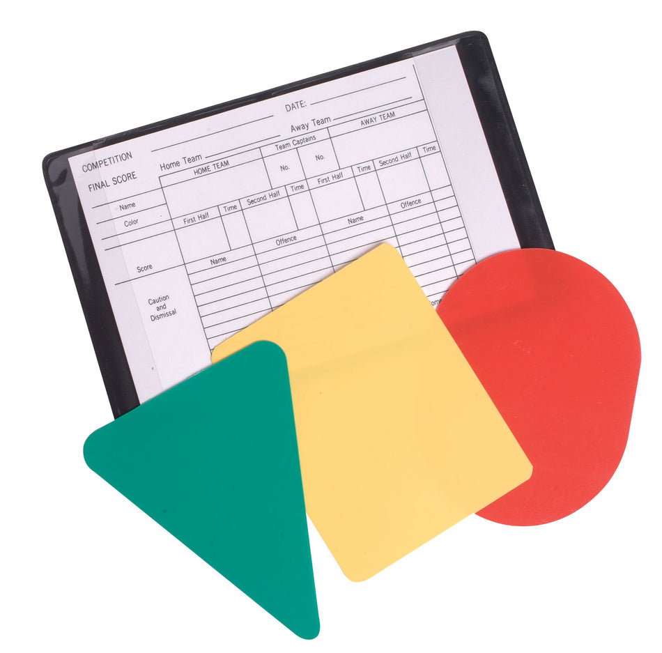 A sports score sheet is partially covered by three Grays Umpires Cards—a green triangle, a yellow rectangle, and a red circle—likely used as warning cards or signals in field hockey matches.