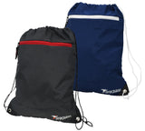 Two Precision Training Pro HX Drawstring Bags are shown: one black with a red zipper, and one dark blue with a white zipper. Both have white drawstrings, ripstop material, and the Precision logo.