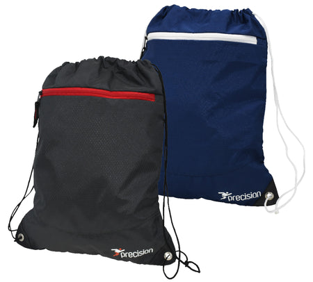 Two Precision Training Pro HX Drawstring Bags are shown: one black with a red zipper, and one dark blue with a white zipper. Both have white drawstrings, ripstop material, and the Precision logo.