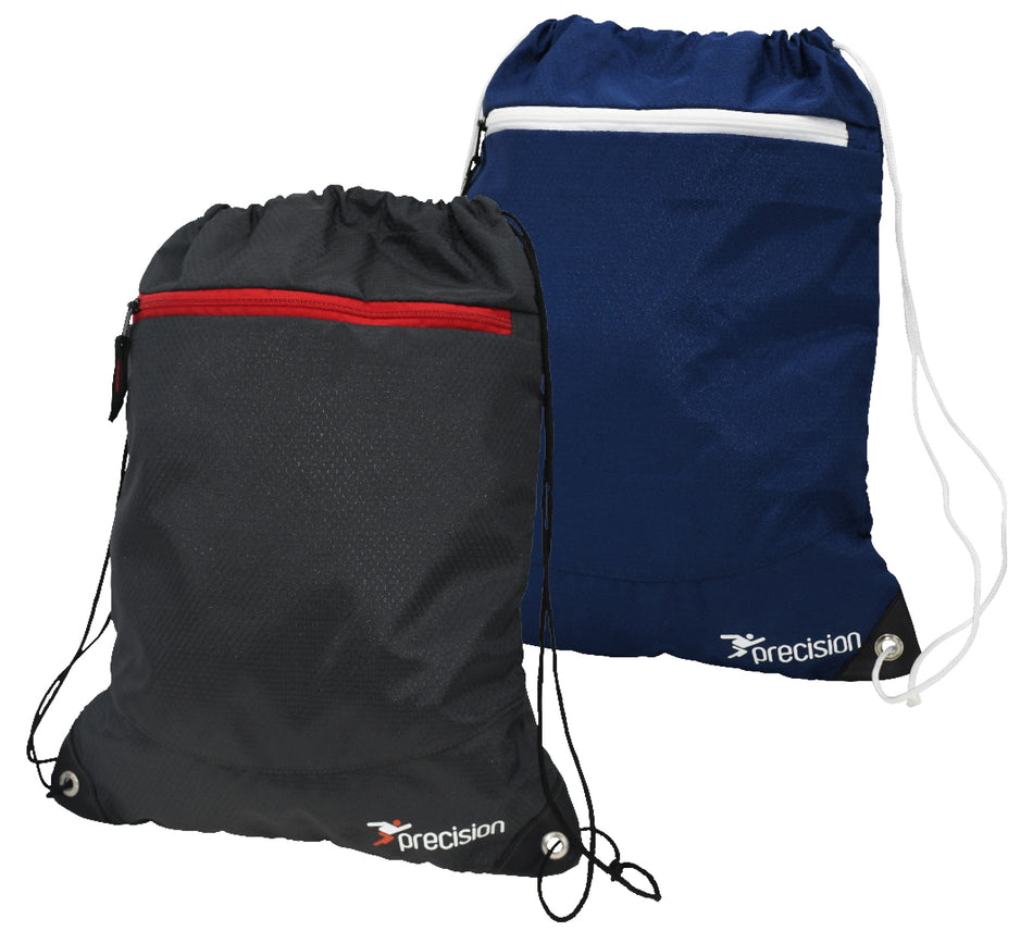 Two Precision Training Pro HX Drawstring Bags are shown: one black with a red zipper, and one dark blue with a white zipper. Both have white drawstrings, ripstop material, and the Precision logo.