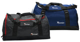 The Precision Training Pro HX Team Holdall Bag comes in black with red accents or blue with black accents, both featuring carrying handles and shoulder straps—ideal as spacious and durable sports bags.